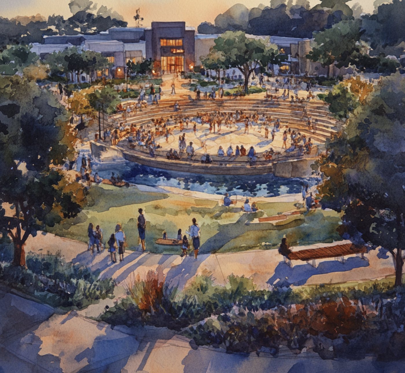 A shared neighborhood commons in daylight, with people gathering, seating, trees, and open ground-floor space.