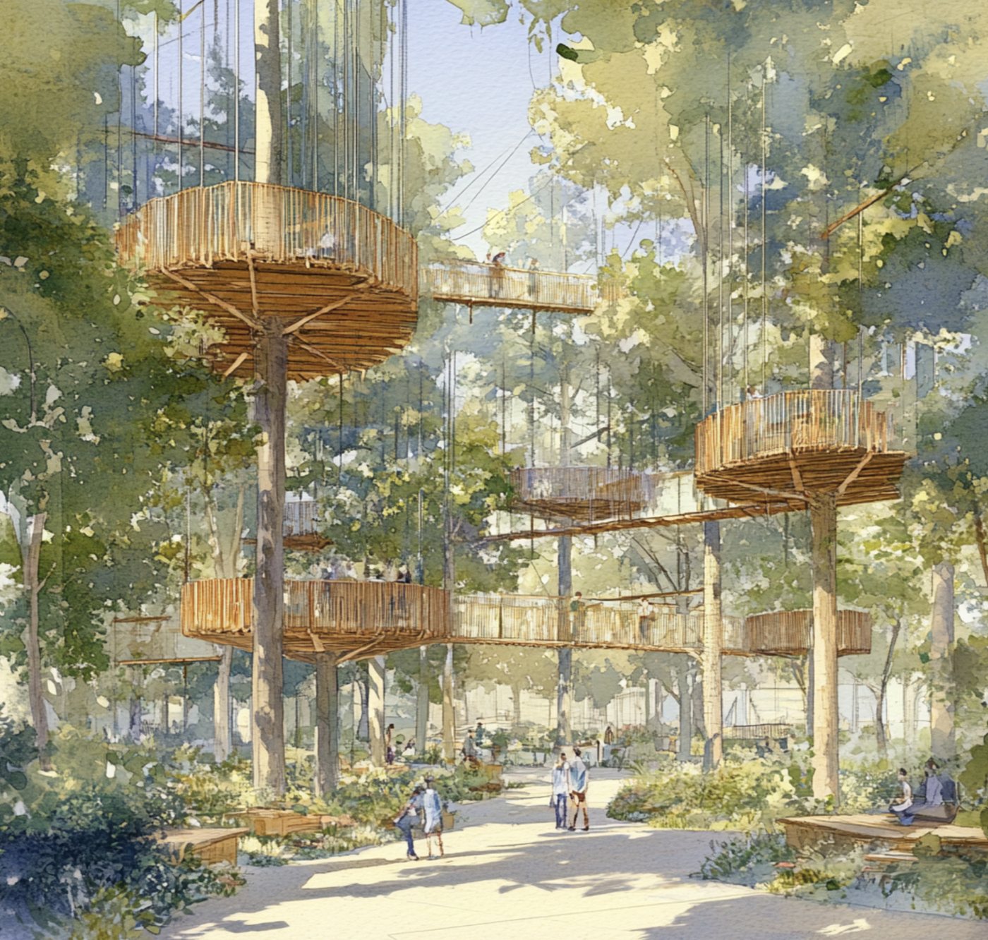 A forest canopy woven into the fabric of a walkable district.