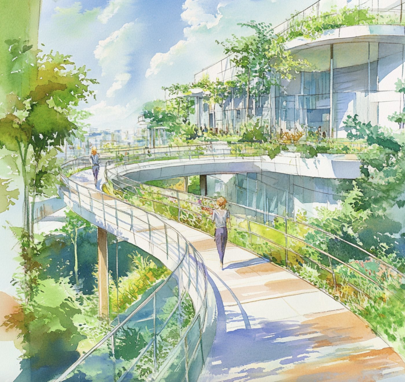 A planted pedestrian bridge threading green infrastructure through a district.