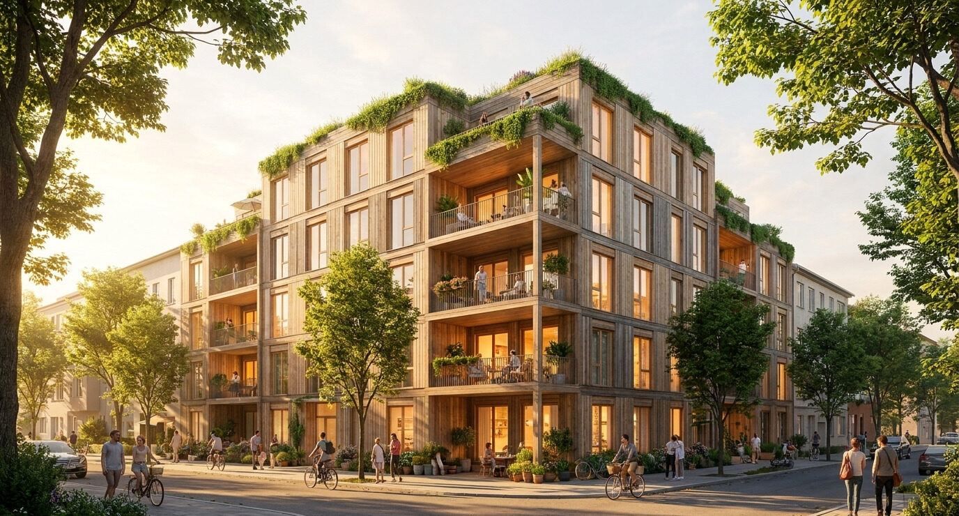 A five-story timber-clad building with balconies on a tree-lined corner.