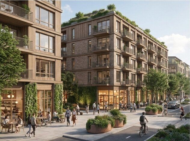 A mid-rise timber-clad building with shops at street level and planted balconies above.