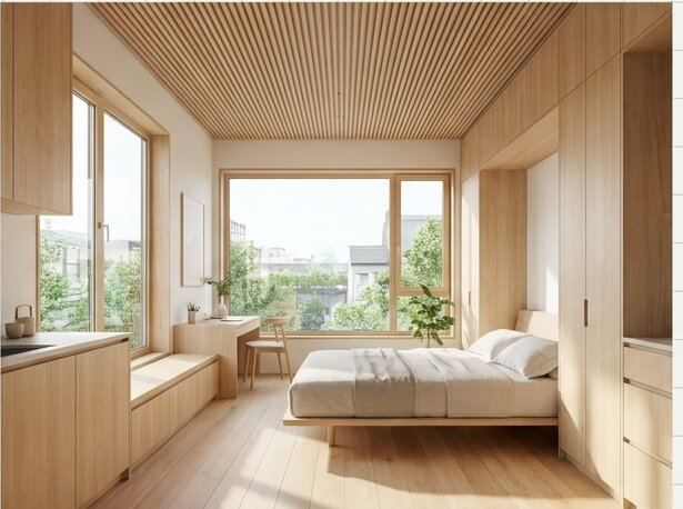 A compact daylit studio with a bed, built-in storage and a wide window.