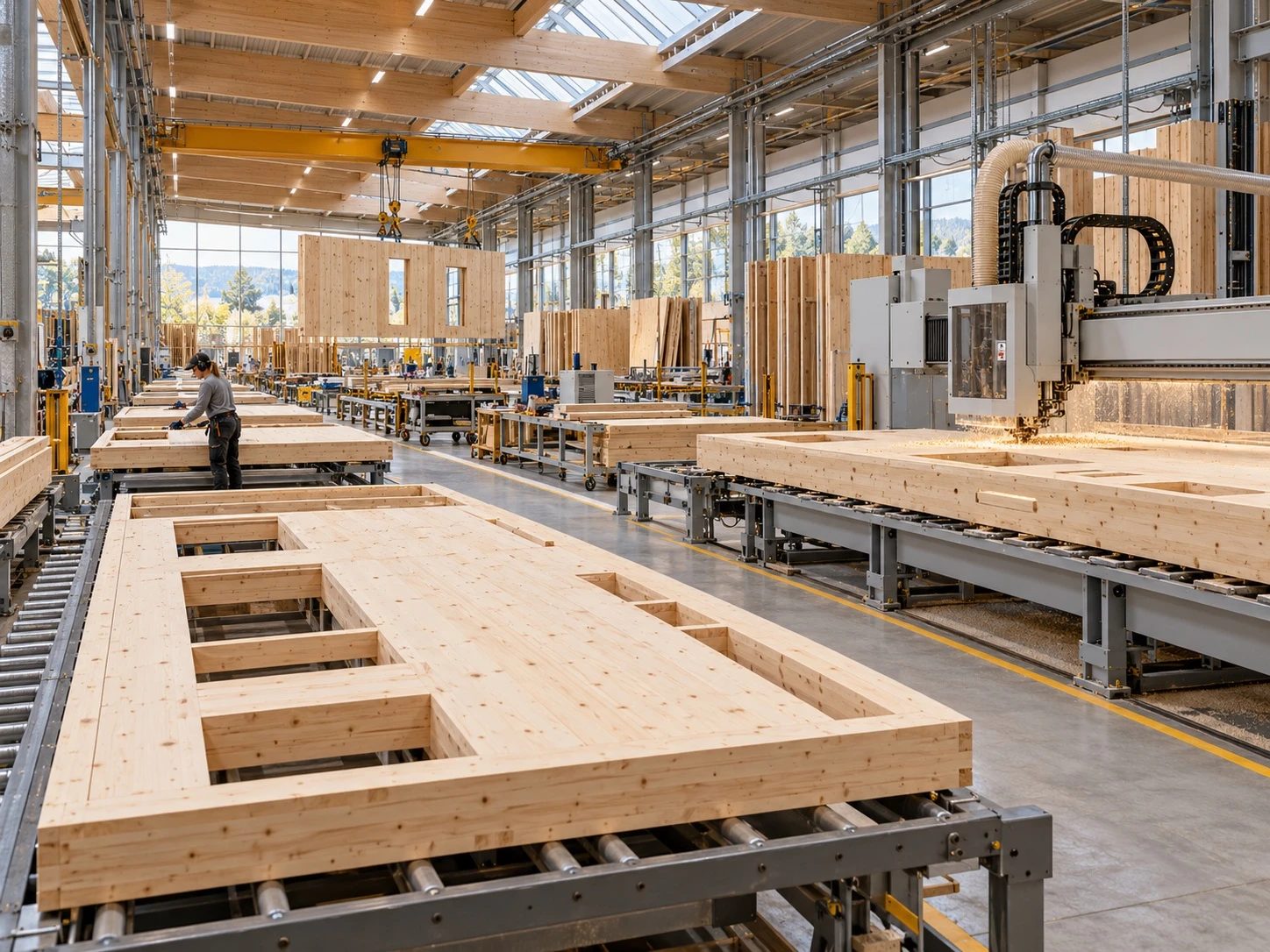 Cross-laminated timber wall and floor panels on a factory line, one being cut by a large machine.