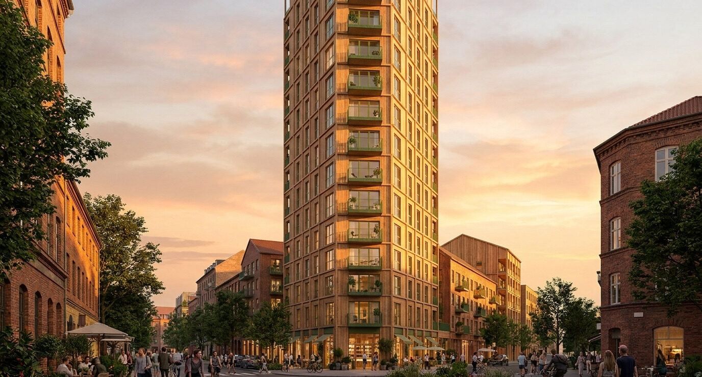 A slender tower above lower buildings at dusk.