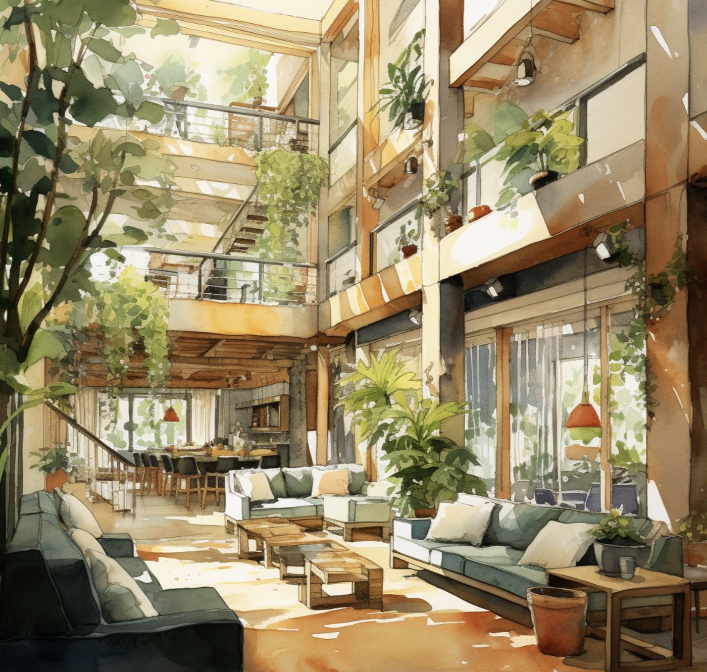 A light-filled interior atrium with warm timber, plants, and people gathered in soft daylight.