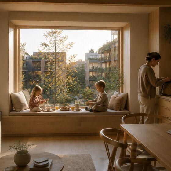 A family at breakfast beside a wide window looking onto trees.