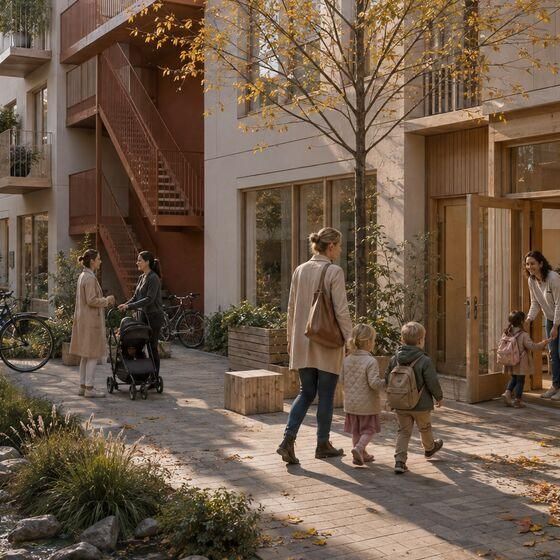 A parent and children walking to school along a tree-lined lane between homes.