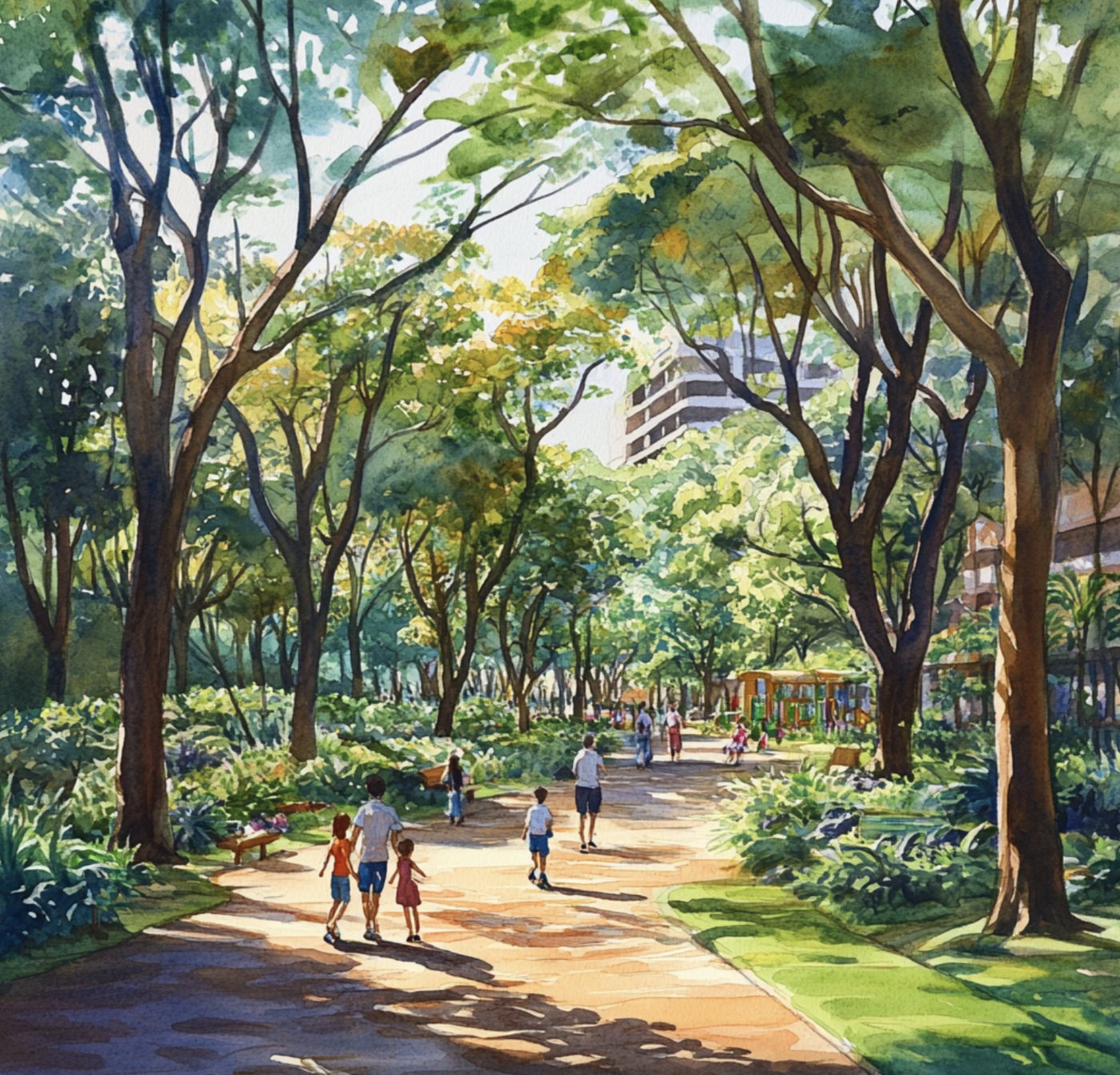 A quiet planted path winding between homes and greenery.