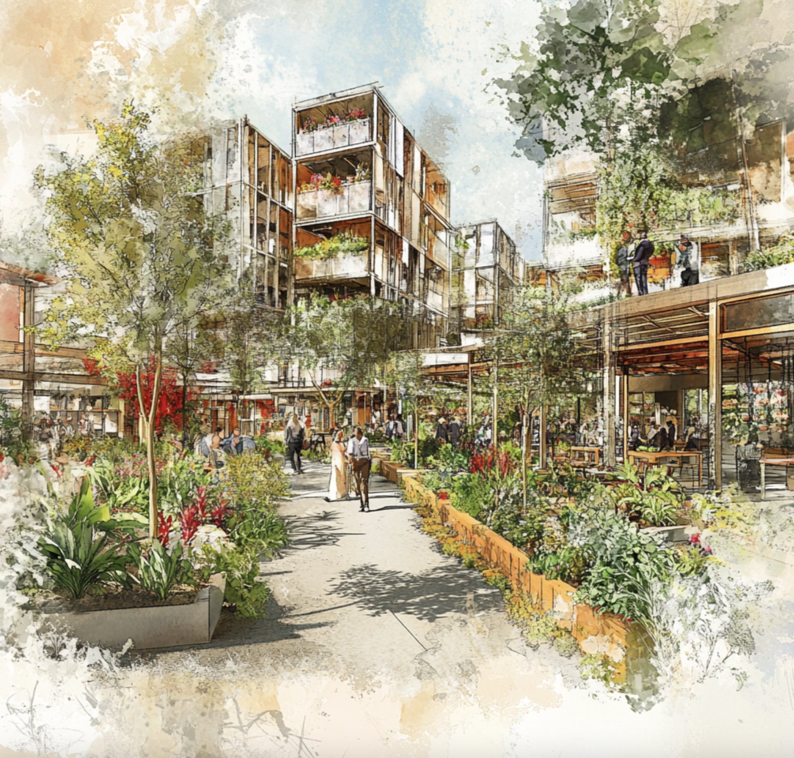 A sunlit community commons with people gathering, gardens, and shade trees.