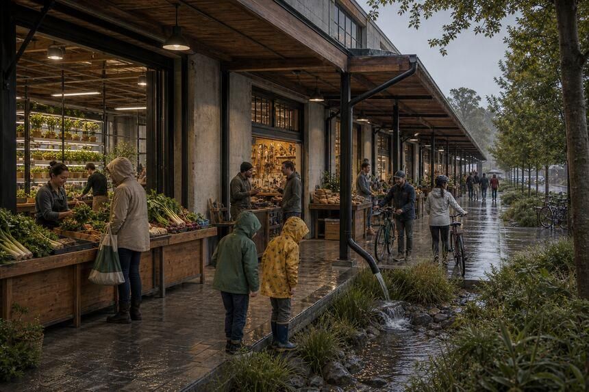 A covered market arcade along a converted warehouse, with shoppers and produce stalls.