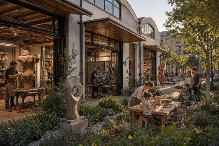 Makers at work in open studios along a converted industrial building.