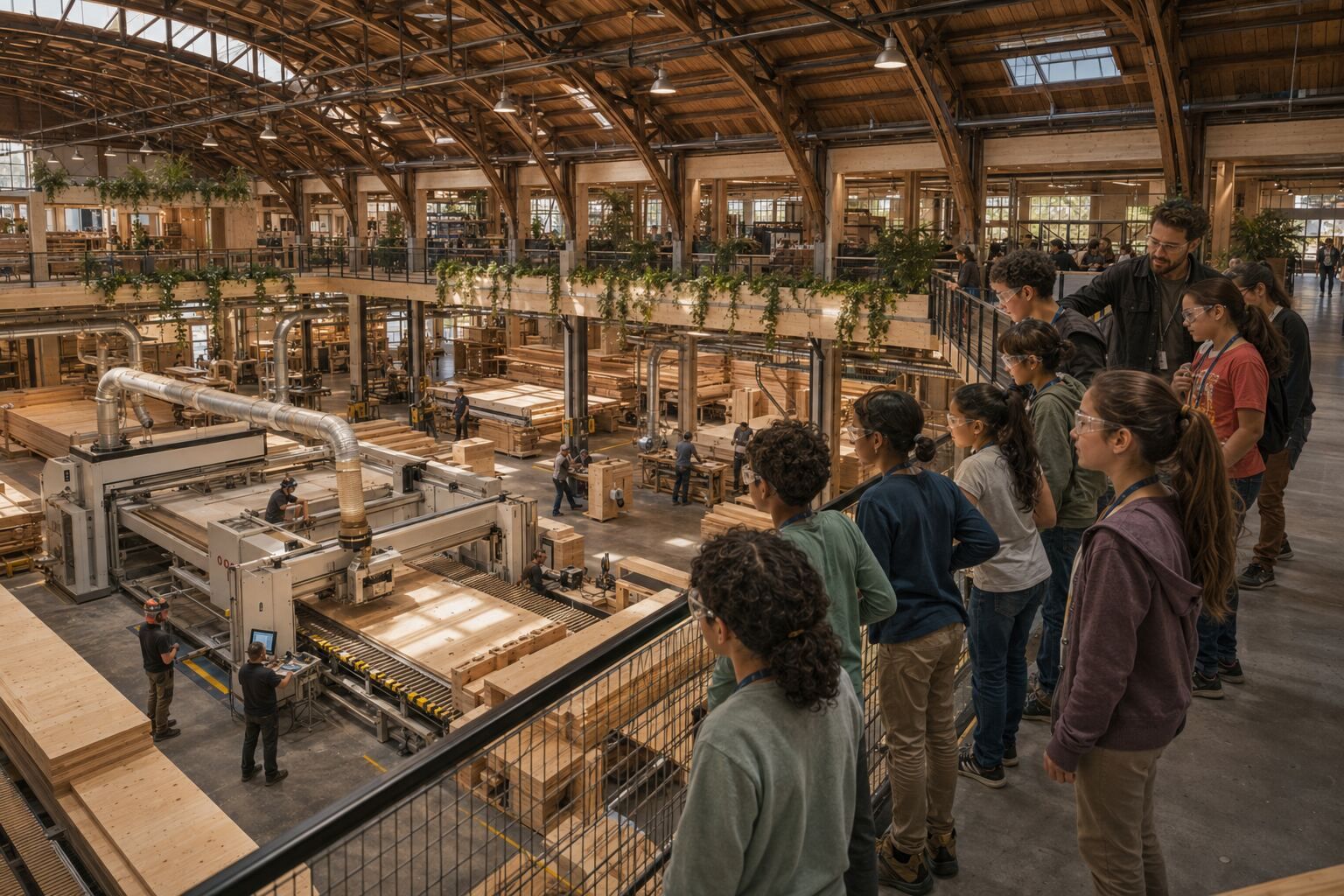 Visitors on a walkway watching timber panels being made in a converted factory hall.